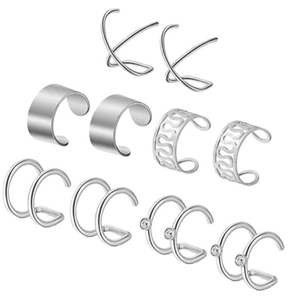 Silver Stainless Steel Ear Cuff Non-Piercing Earring 5 Pairs Set of 10